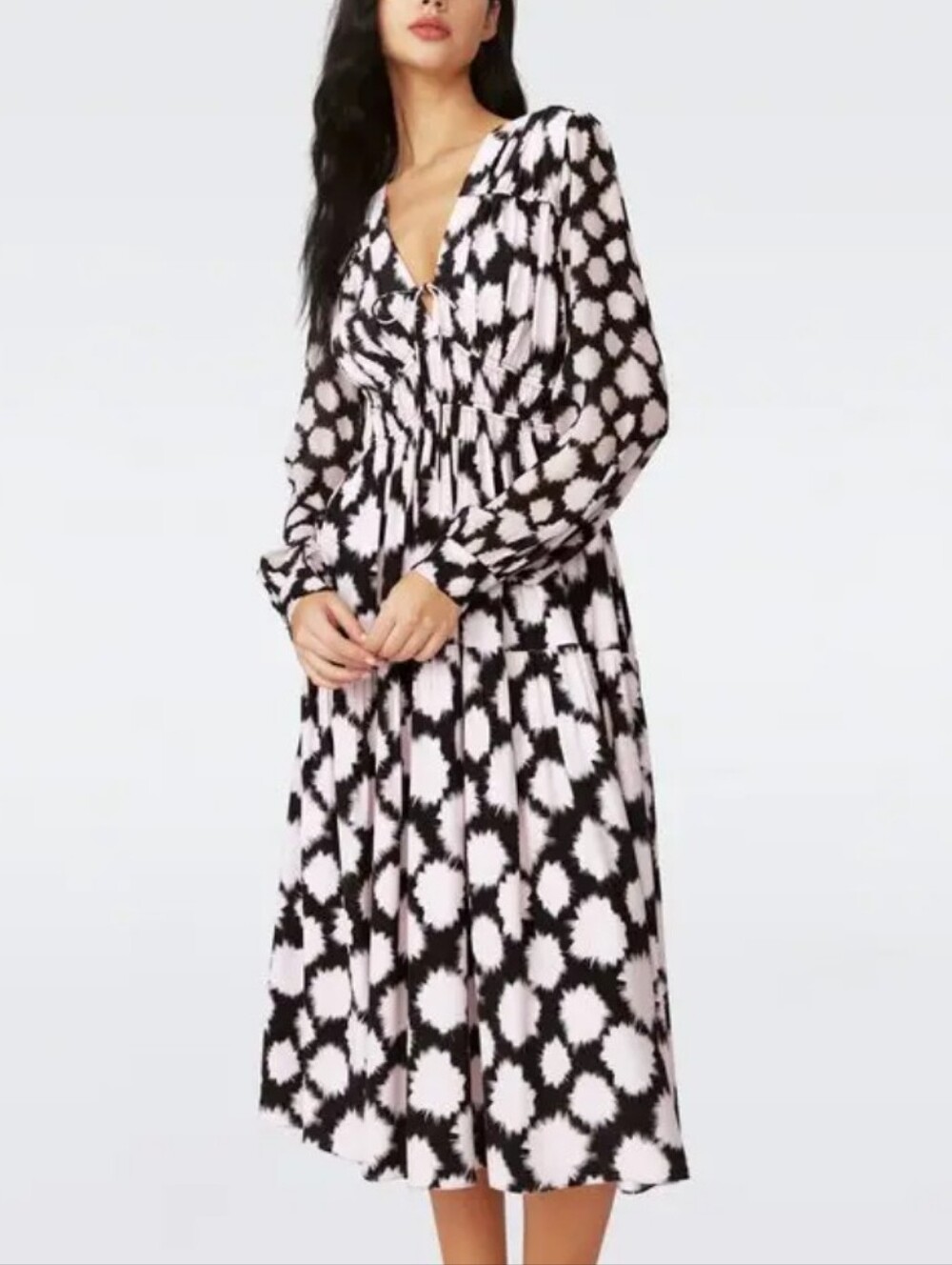 Diane Von Furstenberg Size 00 Black Pink Akiva Long Sleeve Midi Dress Msrp $498
